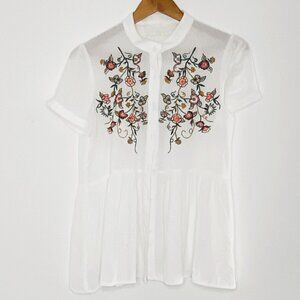 Pink Martini - Short Sleeve, Buttoned, Embroidered, White, Floral, Top - Size M